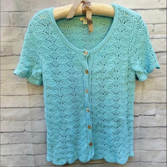 J Jill vintage size M pointelle short sleeveAqua Crochet Knit cardigan sweater
